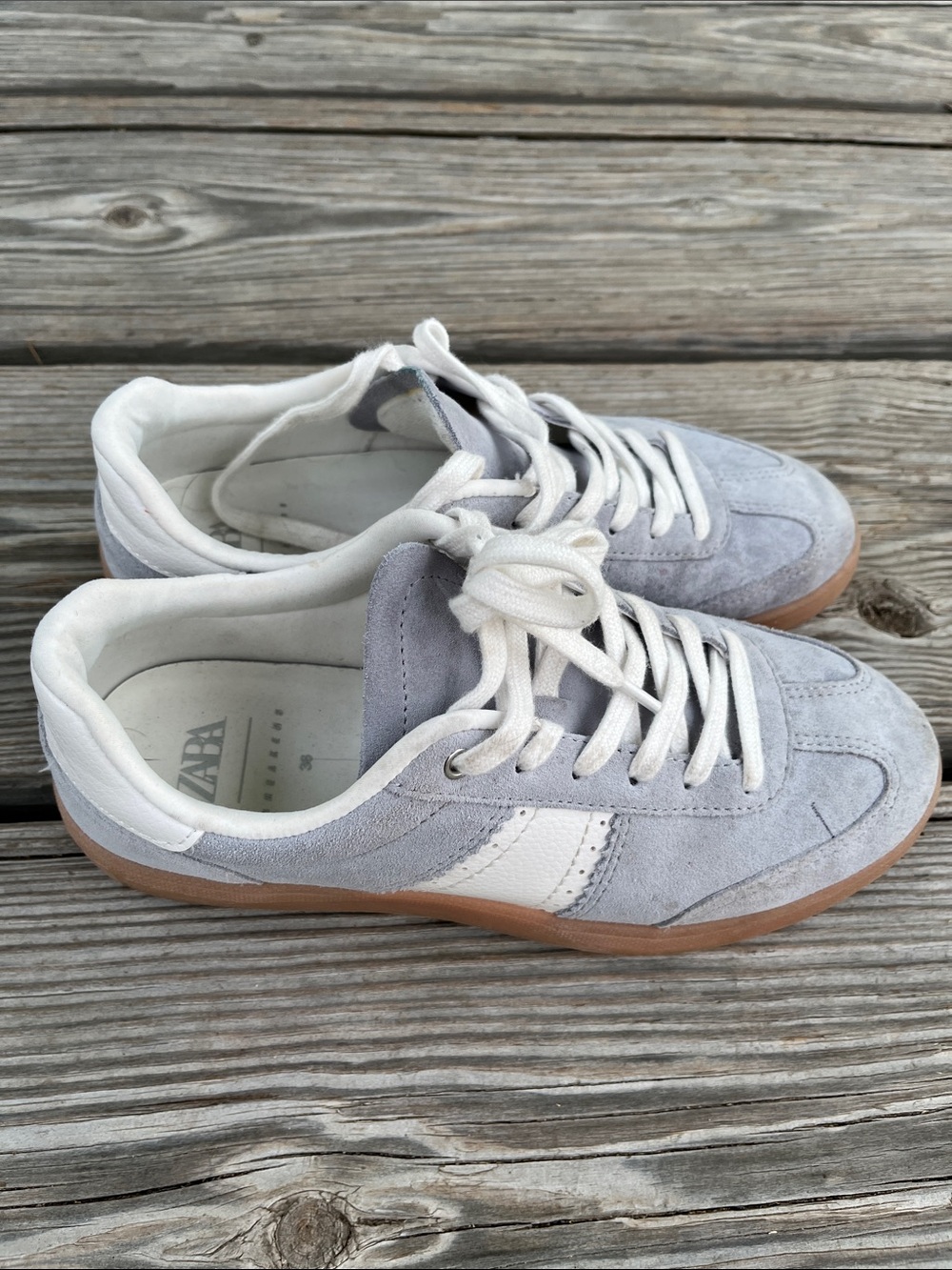 Zara Light Gray and White Suede Sneakers with Gum Sole